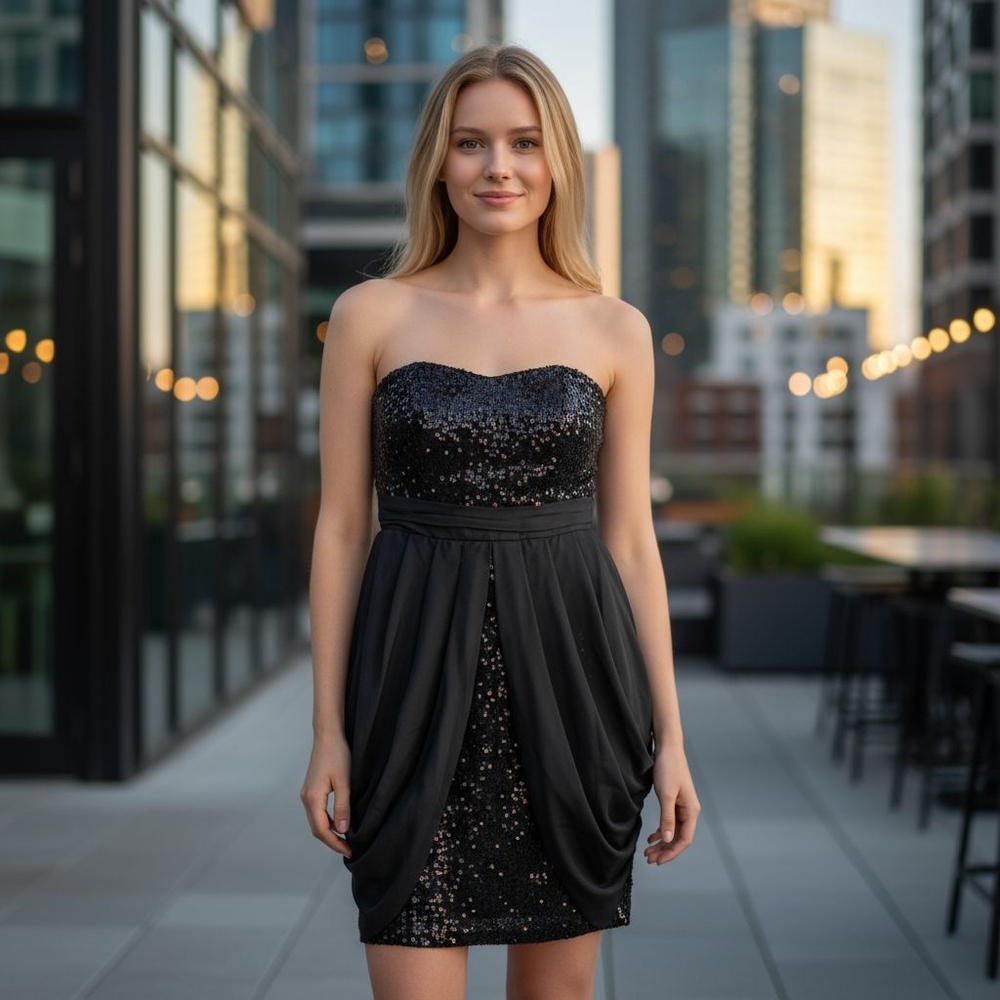 Badgley Mischka 100% Silk Black Sequin Strapless Cocktail Dress Sz 4
